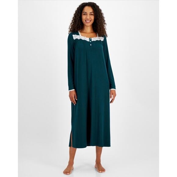 Charter Club Women's Soft Knit Lace-Trim Nightgown, Dark Green L - Picture 1 of 4